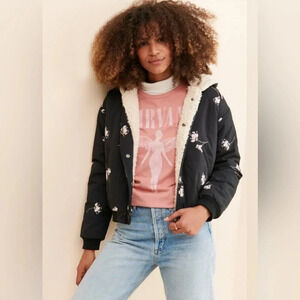 Anthropologie X Saltwater Size M Black Luxe Izzy Floral Puffer Jacket